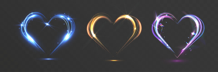 Set glowing blue gold and purple neon heart light trails isolated on transparent background.
