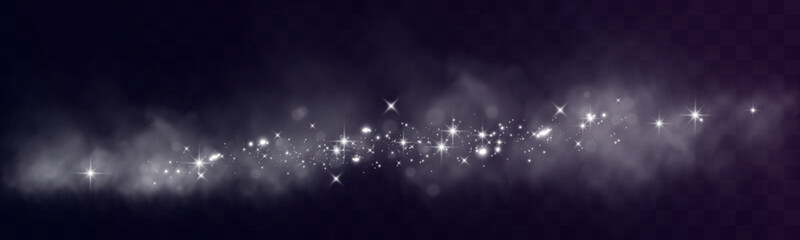 Shimmering white sparkles dust wave with soft fog on dark transparent background.
