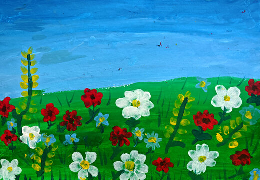Field of wildflowers painted in vibrant gouache style, colorful scenic landscape illustration on artistic background