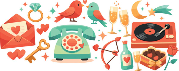 Retro Valentine Symbols. Mid-century romantic symbols arranged in a cheerful vintage composition, modern flat vector illustration