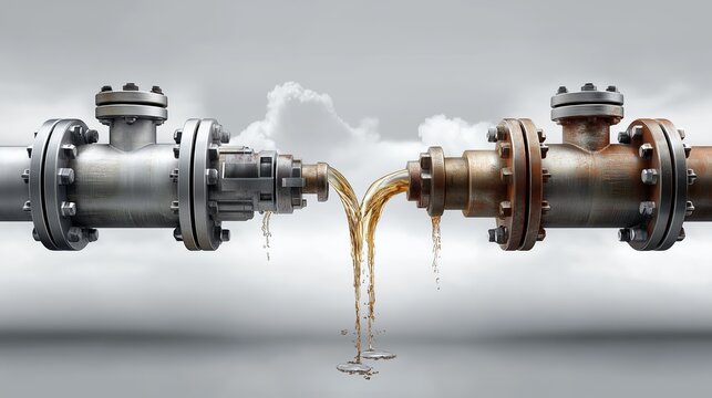Industrial oil pipeline connection with flowing liquid between metal valves symbolizing energy production extraction infrastructure and global resource supply chains, Generative AI