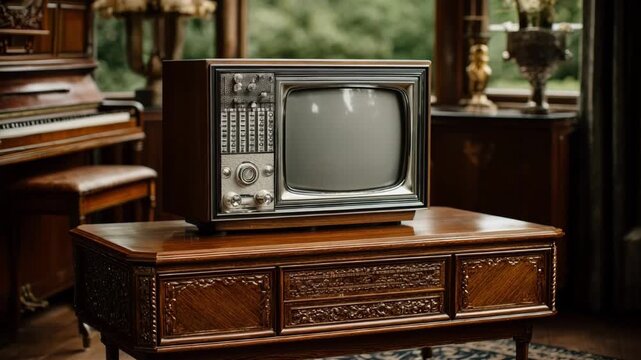 Medium shot of an authentic vintage TV console replica showcasing classic wood finishes and intricate detailing perfect for retro interior decor enthusiasts.