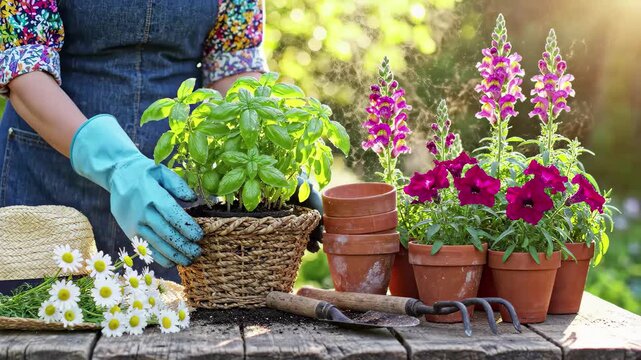 Gardener planting basil in a basket surrounded by potted flowers and gardening tools on a sunny wooden table