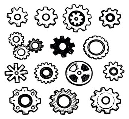 Hand drawn line art gears set featuring various mechanical cogwheels for engineering and industrial concepts