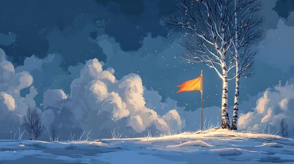 A wintry landscape scene featuring bare birch trees and an orange flag under cloudy skies
