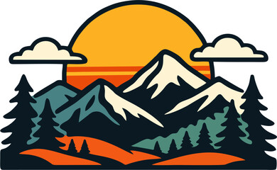 Stylized retro illustration of mountains, pine forest, and a glowing sunset. Clean flat shapes and warm vintage colors make this design perfect for t-shirts, posters, apparel, and modern outdoor-theme