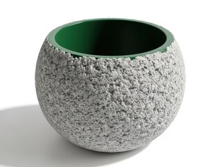 Modern ceramic pot with textured surface and green rim isolated on white background