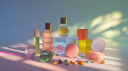 Colorful beauty products and marbles on a white surface with sunlight and shadows with cosmetics and skincare and makeup and perfume and health
