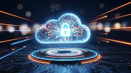 Futuristic digital cloud with glowing circuit board and lock symbol on tech background with light 4K Ai HD high quality video. - Powered by Adobe