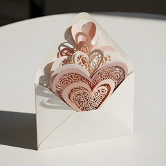 Artistic Heartfelt Wishes: An elegant open envelope reveals intricate heart-shaped paper art, a tangible expression of affection and sentiments.