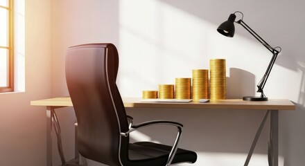 Empty executive office desk with rising stacks of gold coins symbolizing financial growth and investment success