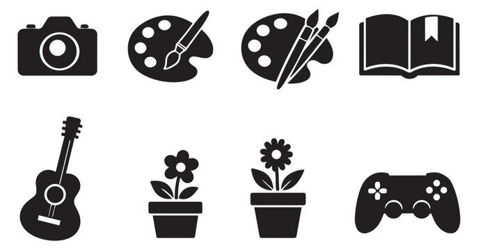 Glyph icon hobby and leisure set featuring a camera, painting palettes, an open book, a guitar, potted flowers, and a game controller for creative pursuits and leisure activities - Powered by Adobe