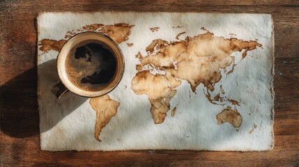 Coffee Cup Creating World Map on Vintage Paper Background