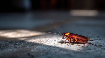 Cockroach in Dramatic Light and Shadow on Concrete Floor