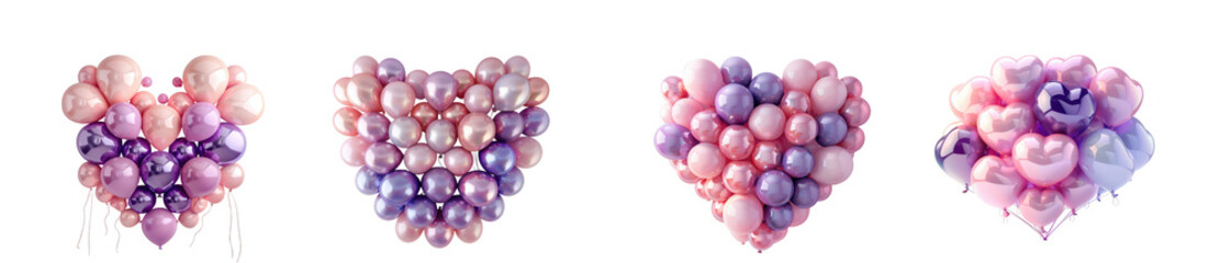 Fototapeta premium Four vibrant balloon arrangements in heart and cloud shapes with pastel pinks and purples on transparent background
