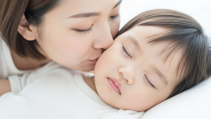 眠っている赤ちゃんの頬に優しくキスをする日本人の母親