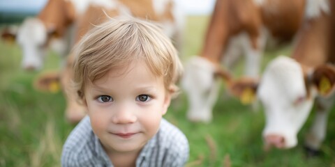 Young boy smiling in a green field with cows grazing in the background, capturing rural life essence