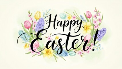 Happy Easter lettering with a colorful floral wreath and decorated eggs. Spring celebration greeting card design.