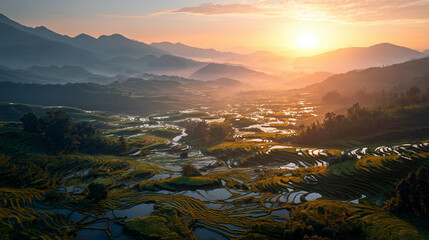 Golden sunrise over serene rice terraces in mountains