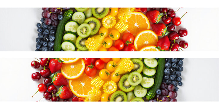 abstract colorful fuit salad background with bubbles. collage of fresh vegetables and fuit. Background of fruits, vegetables and berries
