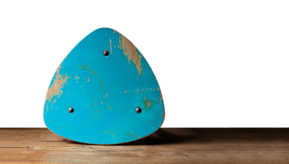 Abstract furniture, wood object, modern futuristic background. Triangle blue object, isolated on wooden table. Fragment of a torn, painted, shabby chair. Sustainable furniture, interior decor. PNG