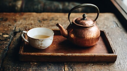 A copper teapot and teacup on a wooden tray atop a rustic wooden table, softly lit