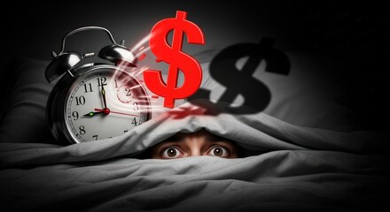 Person awake fearing money worries late at night near clock