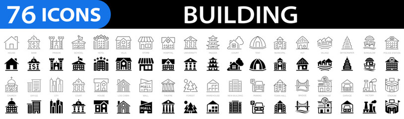 Fototapeta premium Building icon set. House, office, bank, school, hotel, shop, university, hospital, restaurant, pagoda and more. Editable stroke. Vector illustration