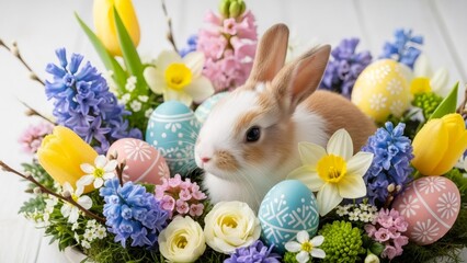 Cute bunny in a vibrant Easter flower nest with colorful decorated eggs. Spring holiday celebration and joy for greeting card.