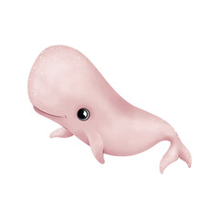 Adorable pastel sperm whale illustration with glossy eyes, isolated on white, ideal for nursery art and ocean-themed designs.