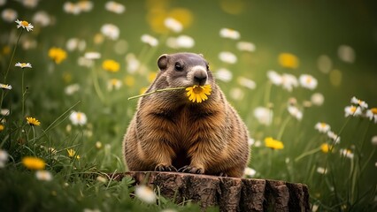 Groundhog sitting on a tree stump in a field of flowers