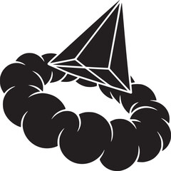 A black and white graphic design featuring a pyramid shape above a ring of connected circles art