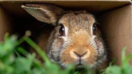 A curious bunny peers out from a cardboard box amidst green foliage. Its eyes are focused