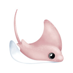 Cute pastel stingray illustration with big shiny eyes, isolated on white, perfect for kids designs and ocean themes.