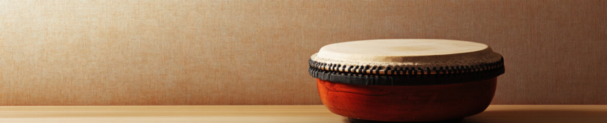 Traditional Japanese taiko drum on wooden table with copy space