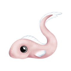 Smiling pink shark cartoon with soft textures, isolated on white, perfect for playful aquatic illustrations and kids branding.