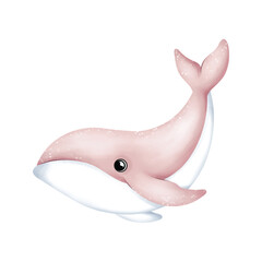 Charming pink blue whale cartoon swimming upward, isolated on white, ideal for cheerful ocean-themed designs.