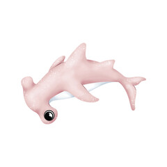 Adorable pink Hammerhead illustration with flowing tail, isolated on white, perfect for playful marine-themed designs.