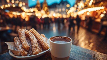 Close-up of churros and hot chocolate at a festive outdoor market