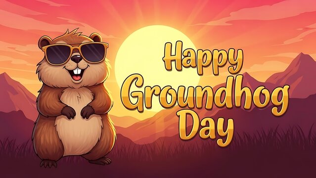 Groundhog Day, cartoon groundhog, sunglasses, sunny landscape, holiday greeting
