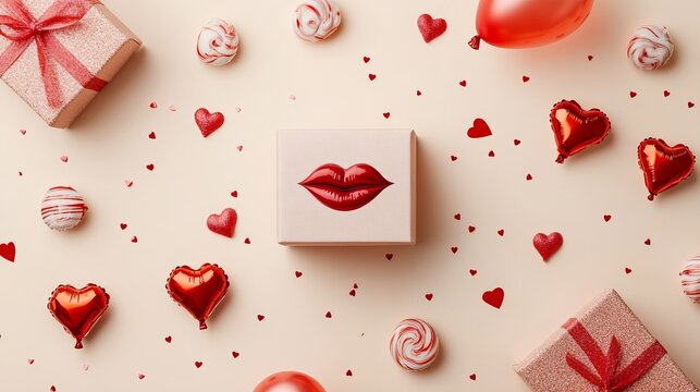 A romantic Valentine's Day scene with gifts, hearts, and candies on a pink background