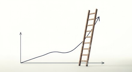 A wooden ladder leaning against a rising business growth chart symbolizing success