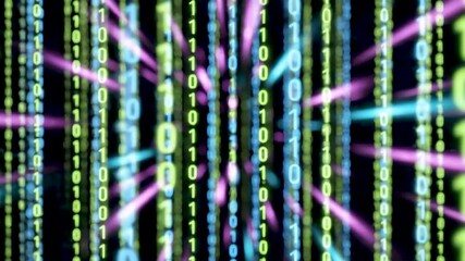 Abstract digital data stream with glowing binary code in green and blue light trails 3d animation video - Powered by Adobe
