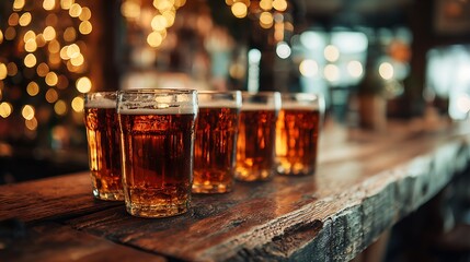 Close-up of frothy pints lined up on a rustic wooden bar, blurred festive lights