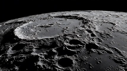 A detailed, high-angle view of the lunar surface. Reveals craters and the gray, desolate terrain