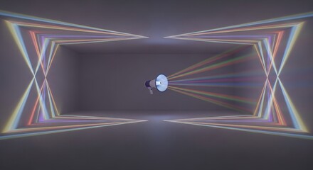 Megaphone projection creates vibrant light beams and a geometric tunnel effect.