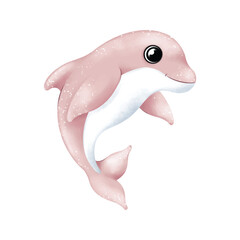 Adorable pink dolphin illustration leaping gracefully, isolated on white, perfect for playful marine and children&rsquo;s design themes