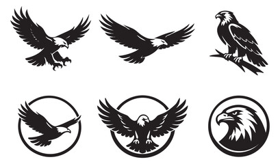 Obraz premium Graphic silhouette eagle set featuring various eagles in flight, perched, and emblem designs for logo creation and branding