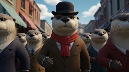 Animated movie still of group of dressed up otters in a city