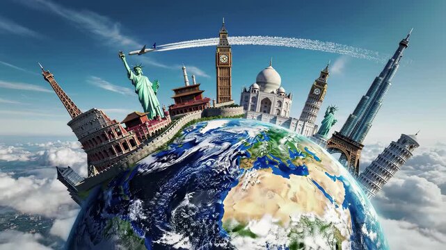 Global travel landmarks on earth globe above clouds with airplane flying
